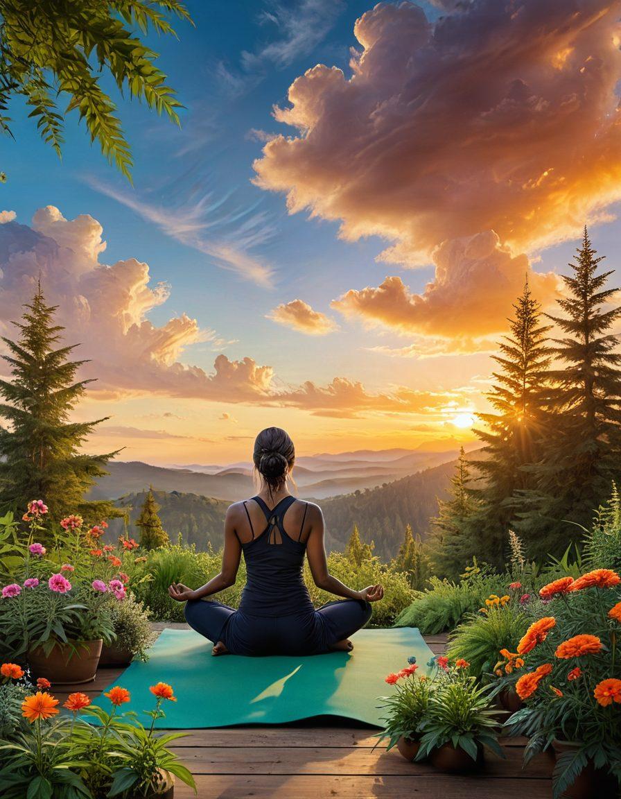 A serene outdoor setting with lush green cannabis plants swaying gently in the breeze, infused with colorful flowers symbolizing self-care. A person meditates on a yoga mat surrounded by eco-friendly products and nature's bounty. The sky is painted in warm sunset hues, evoking tranquility and health. Elements of sustainability like reusable items and wildlife coexisting harmoniously are evident. light and airy. vibrant colors. painting.
