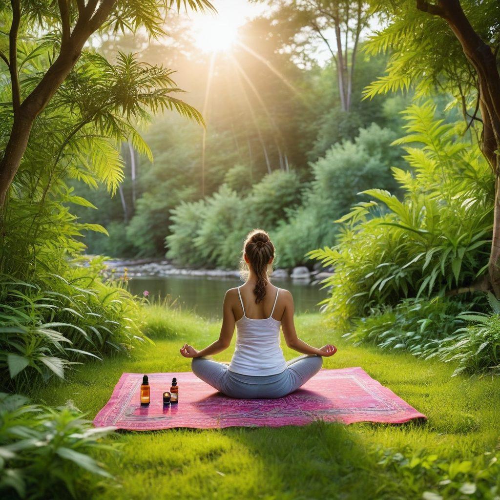 A serene nature scene featuring lush green landscapes and a calm river, with a person practicing yoga on a yoga mat surrounded by cannabis plants. Soft light filters through the trees, creating a warm, inviting atmosphere. Include symbols of mindfulness like a meditation cushion and essential oils placed nearby. Reflect a harmonious balance between wellness and nature. vibrant colors. super-realistic.