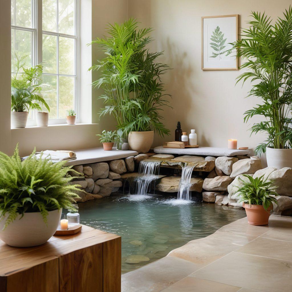 A serene wellness studio bathed in natural light, featuring a meditative figure surrounded by lush green plants and gentle cannabis leaves. Soft, calming colors like pastel greens and purples dominate the scene, with hints of essential oils and wellness items scattered around. Include a soothing water feature in the background to emphasize tranquility. Let the whole setting radiate a sense of balance and peace. soft painting. peaceful colors. natural ambiance.